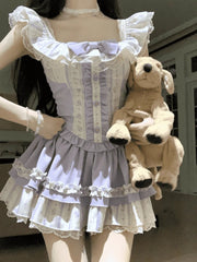 Aiertu  -  Elegant Sweet 2 Piece Skirt Sets Female Lace Pleated Y2k Crop Top + Cute Mini Cake Skirts Japanese Lolita Vintage Suits Summer Aiertu