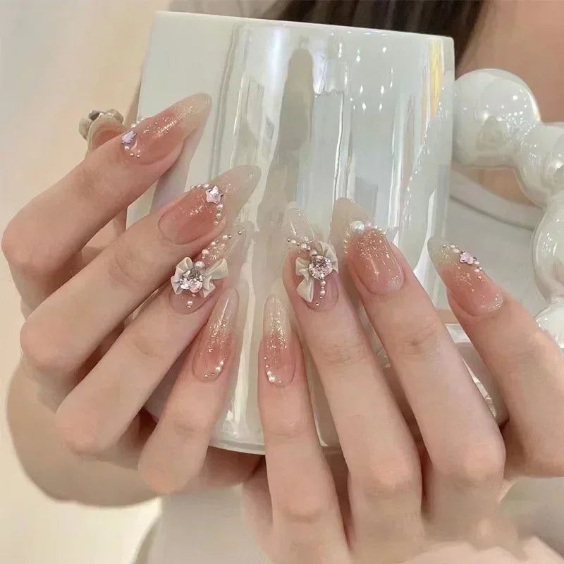 Aiertu 24Pcs Pink Almond French Press on Nails With 3D Bow ripple charms Design Fake Nails Ballerina False Nails Full Cover Nail Tips Aiertu