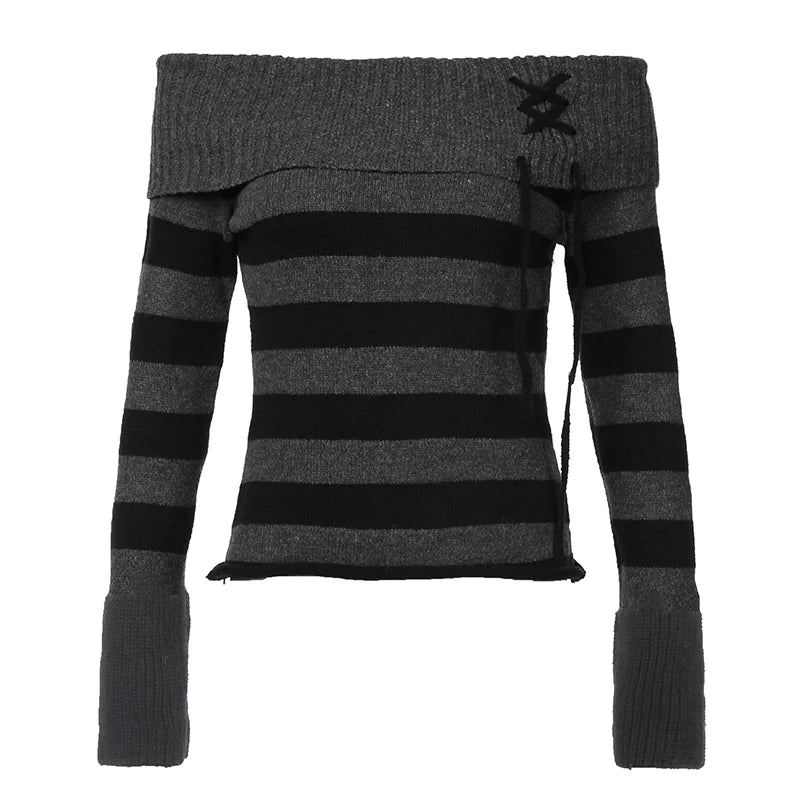 Aiertu  -  cold weather outfits Y2K Striped Off Shoulder Women Sweater Lace-up Chic Stylish High Street 2000s Jumper Autumn Harajuku Knitwear Tops Aiertu