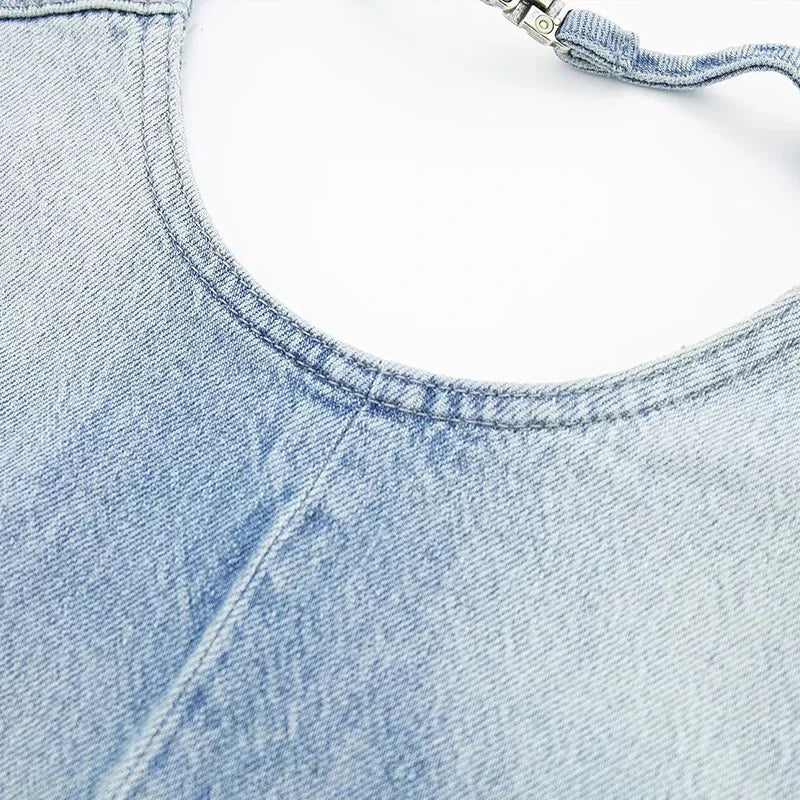 Aiertu  -  Sexy Denim Backless Lace Up Vest Women Slim O-neck Sleeveless Spliced Female Waistcoat Summer Lady Chic Casual Streetwear Aiertu