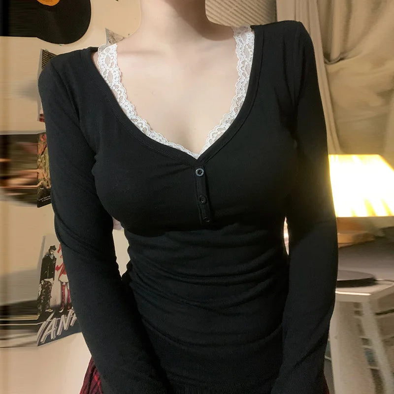 Aiertu  -   party look snspos Casual Slim Ribbed T-Shirt Women Button Up Lace Trim V Neck Long Sleeve Spring Autumn Vintage Basic Tees Aiertu