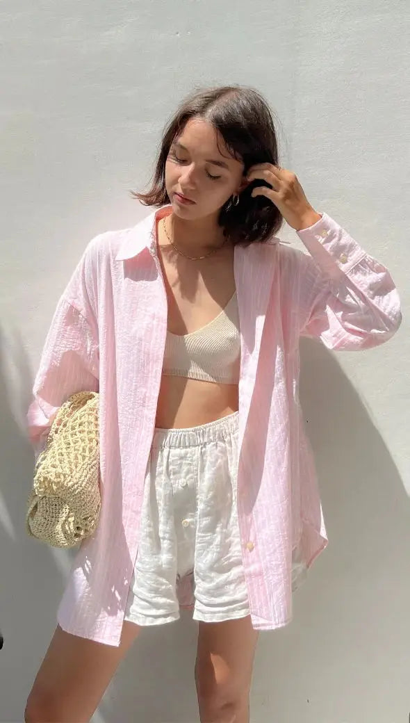 Aiertu  -  Chic Striped Women Shirt Loose 100% Cotton Shirts Tops Ladies Casual Lapel Oversized Lace Up Blouse Women Tops Blouse Aiertu