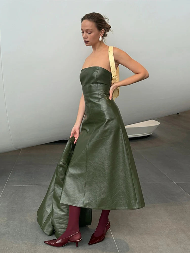 Aiertu  -  PU Leather Solid Women Dresses Sleeveless Strapless Lady Maxi Dress 2024 Slim Sexy Christmas Party Hip Package Female Vestidos Aiertu