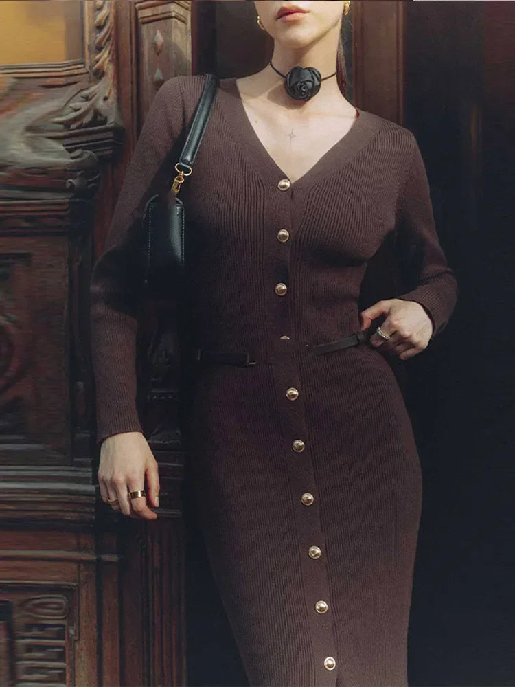 Aiertu  -  Elegant Ancora Red Knitted Bodycon Maxi Dresses Women V Neck Single Breasted High Waist Dress New Autumn Lady Commute Party Robe Aiertu