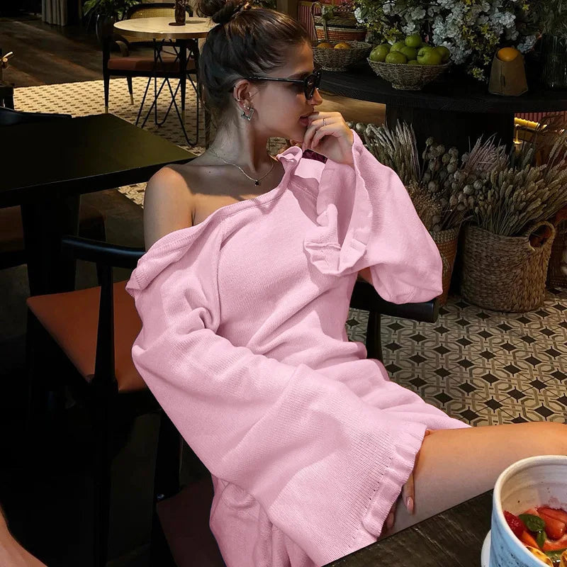 Aiertu  -   Elegant Knitted Sweater Maxi Dress Outfits For Women Flare Sleeve Sexy Backless Lace Up Dress Knitwear Party Clothes Lady Aiertu