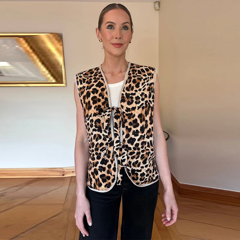 Aiertu  -  Women Leopard Print Bow Lace Up Waistcoat Loose V-neck Sleeveless Hollow Out Vests 2026 Autumn New Lady Panther Streetwear Aiertu
