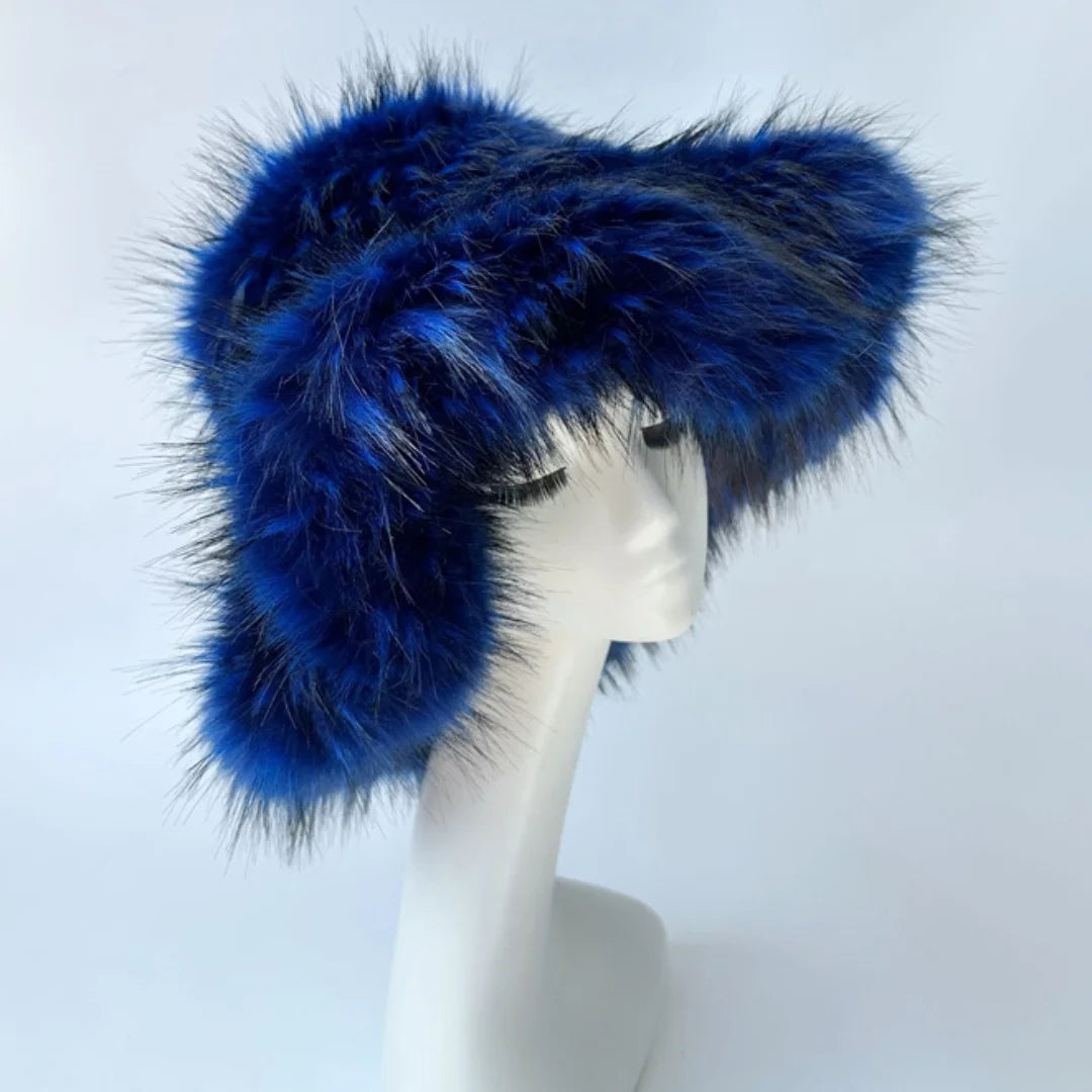 Aiertu  -  Luxury Fluffy Women Faux Fur Bucket Hats Oversized 17cm Wide Brim Thicken Outdoor Warm Plush Punk Hat Girl Y2k Female Ski Panama Aiertu
