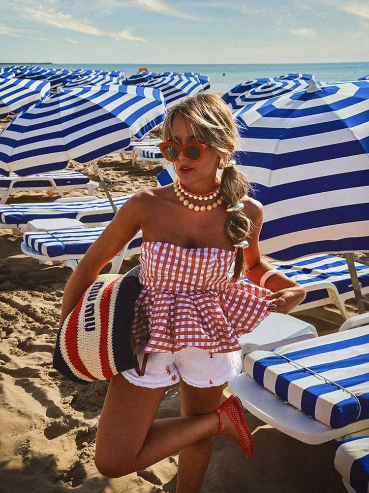 Aiertu  -  Print Red White Checkered Chest Wrap Pleated Fluffy Hem Sleeveless Backless Vacation Versatile Beach Party Trend Tops Aiertu