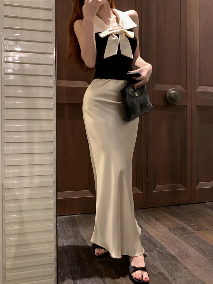 Aiertu  -  Bow temperament collar hanging neck vest satin fish tail half skirt two-piece set women's summer fashion beautiful set Aiertu