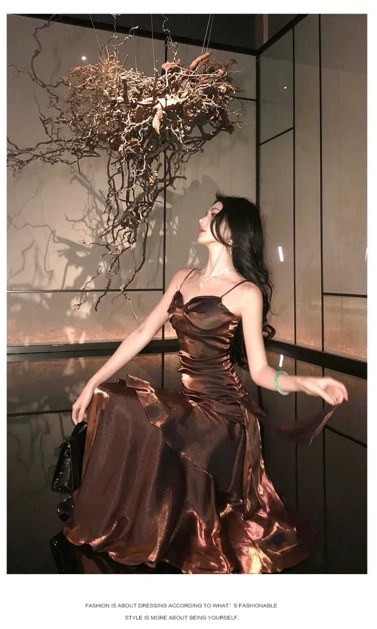 Aiertu  Vintage Long Dress Women Party Prom Sexy Spaghetti Strap Maxi Dresses Elegant Ruffles Robe Summer Korean Bodycon Vestidos Aiertu