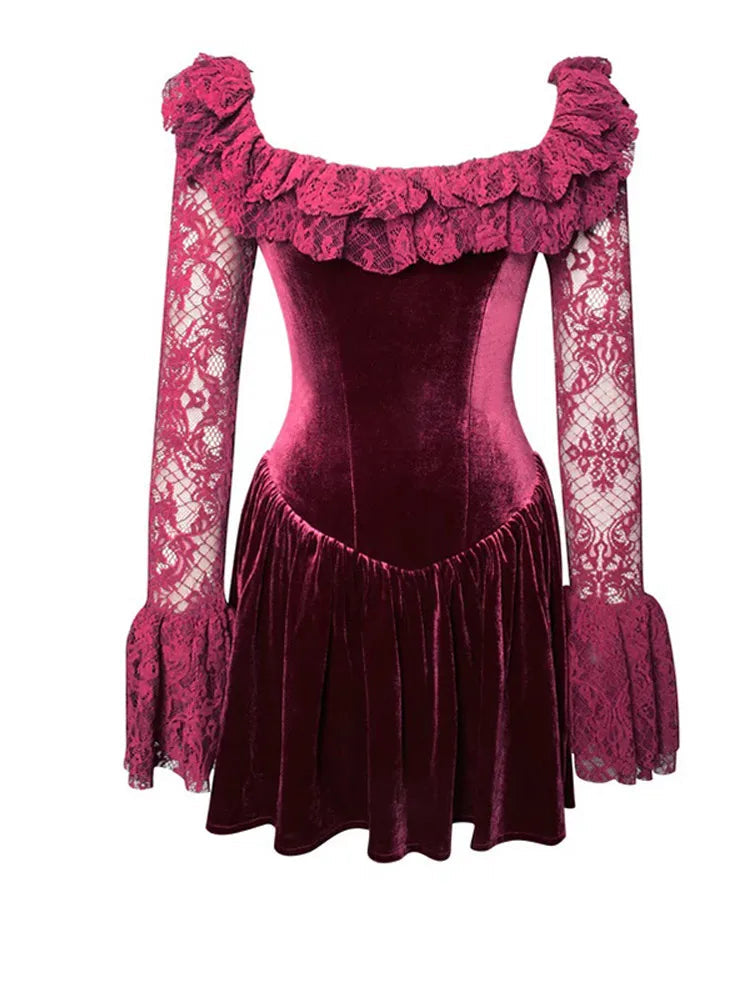 Aiertu  -  Chic Burgundy Lace Hollow Out Flared Sleeves Dress Fashion Women's Square Collar Backless Patchwork Dresses Lady Party Gown Aiertu