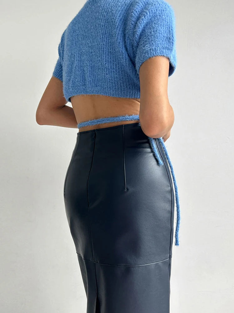 Aiertu  -  Solid Pu Leather Women Skirts High Waist Hip Package Female Half Skirt A Line Autumn Winter New Fashion Lady Maxi Rube Aiertu