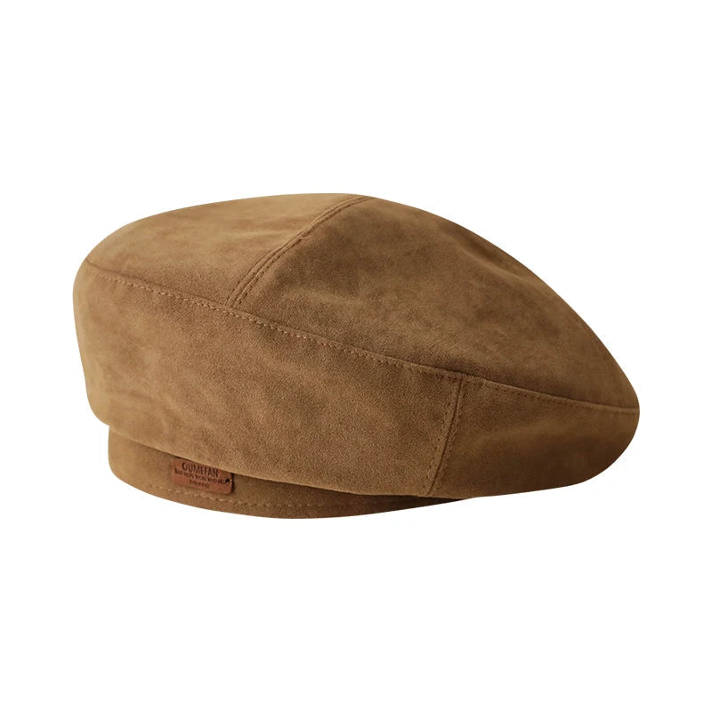 Aiertu  -  Winter Suede Beret Hat for Men Women Leather Label Newsboy Hat Outdoor Warm Thickened Berets Retro Texture Versatile Painter Cap Aiertu
