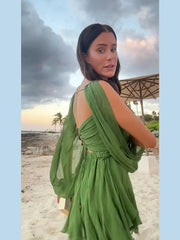 Aiertu  -  Sexy Summer Women Pleated Short Beach Dress Fashion V-neck Split Long Sleeve A-line Mini Dresses 2026 Casual Lady Party Vestidos Aiertu