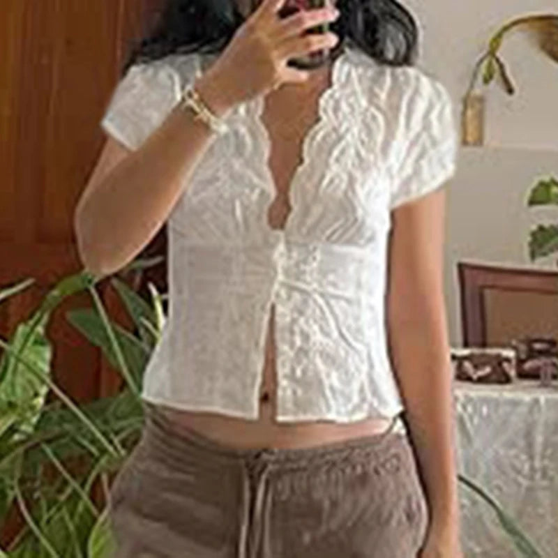 Aiertu  -  Y2K Bow Textured Waist Cinching Shirts Women Summer Puff Sleeve V-Neck Cardigan Tops Cutecore Button-Fly Girls Blouse Aiertu