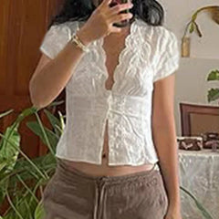 Aiertu  -  Y2K Bow Textured Waist Cinching Shirts Women Summer Puff Sleeve V-Neck Cardigan Tops Cutecore Button-Fly Girls Blouse Aiertu