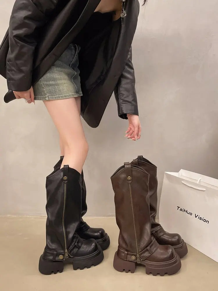 Aiertu    -  Autumn Women's Knee High Boots Western Round Toe Long Boots Women Western Shoes Chunky Heel Platform Women Aiertu