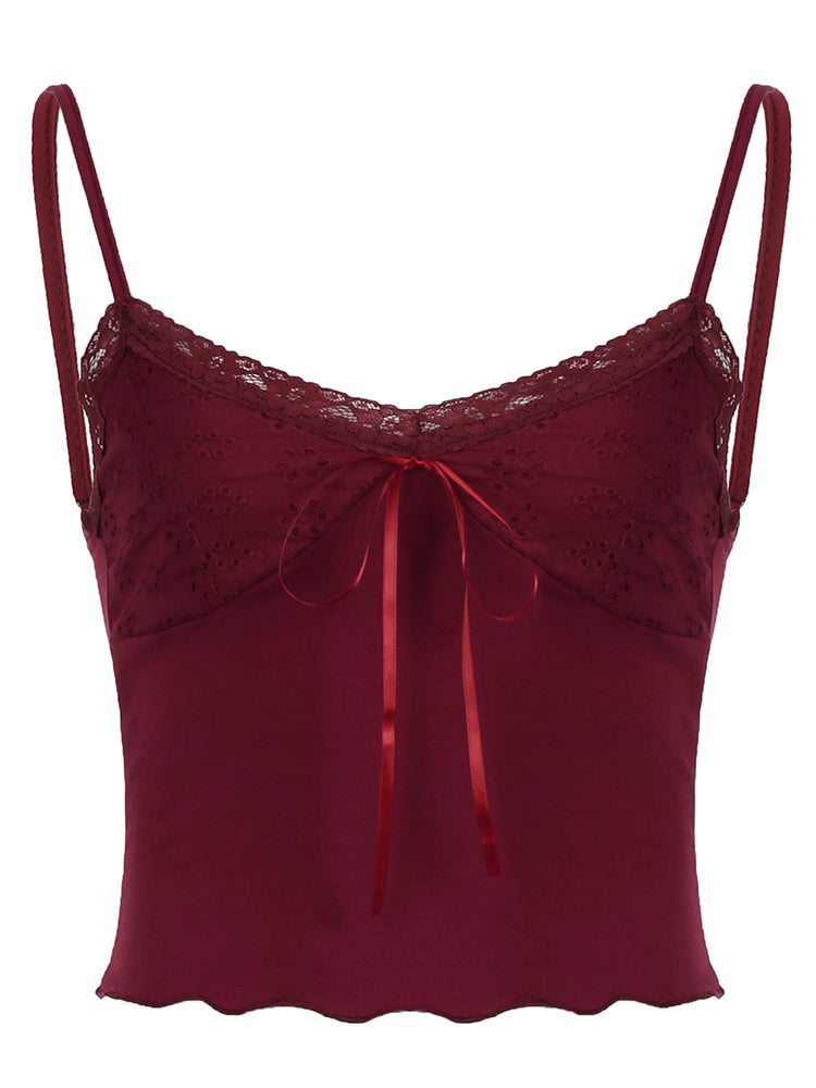 Aiertu - summer inspo Christmas Red Vintage Elegant Camisole Lace Trim V Neck Tie Bow Sleeveless Slim Cute Crop Top Women Y2K Streetwear Clothes Aiertu
