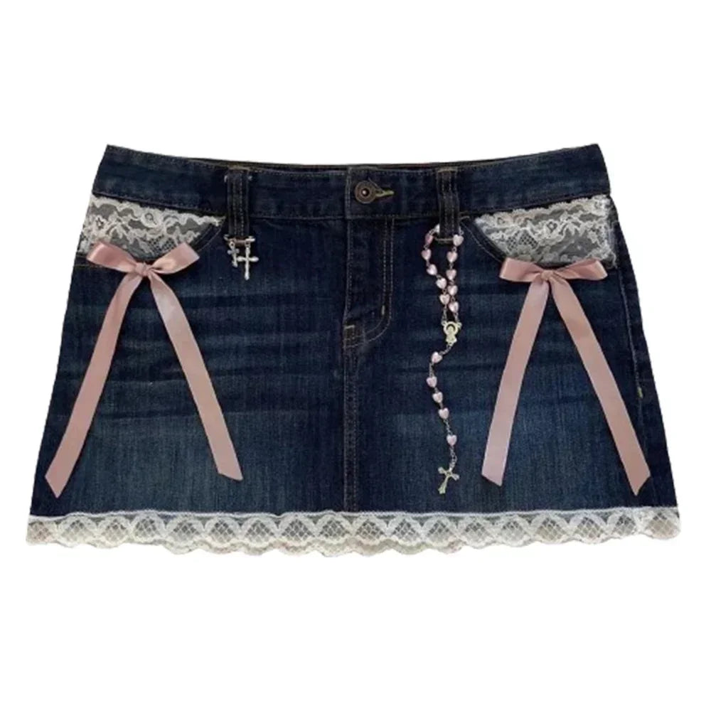 Aiertu  -  Y2K Streetwear Retro Skirt Gothic Hip Hop Patchwork Rhinestone Sequins Loose Washed Denim Short Group High Waist Slim Mini Skirt Aiertu
