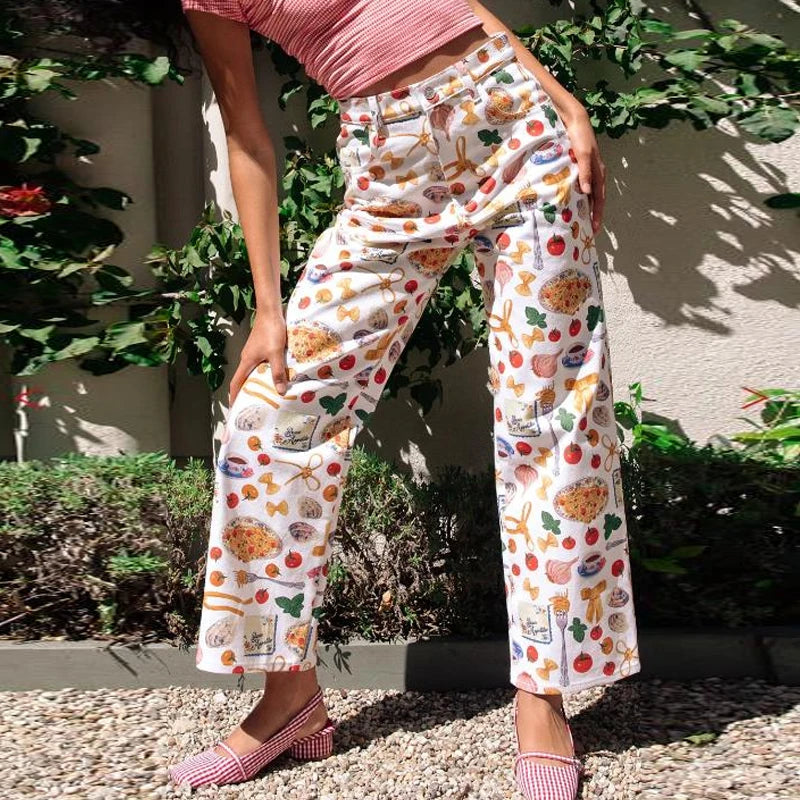 Aiertu  -  Women Fruit Tapas Print Wide Leg Jeans Casual Loose Denim Pants Trousers with Pockets Retro Y2K Aesthetic Pants Streetwear Aiertu
