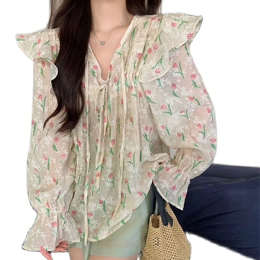 Aiertu  -  Autumn Chic Sweet Blouses Women Printed Full Sleeve New V-Neck Slim Loose Daily Elegant Office Lady Florals Aiertu