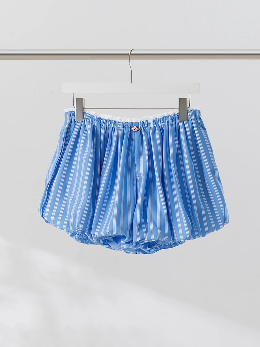 Aiertu  -  Blue Striped Casual Shorts Women Summer Flower Elastic Mid Waist Short Pants Streetwear Fashion Simple Mini Shorts 2026 New Aiertu