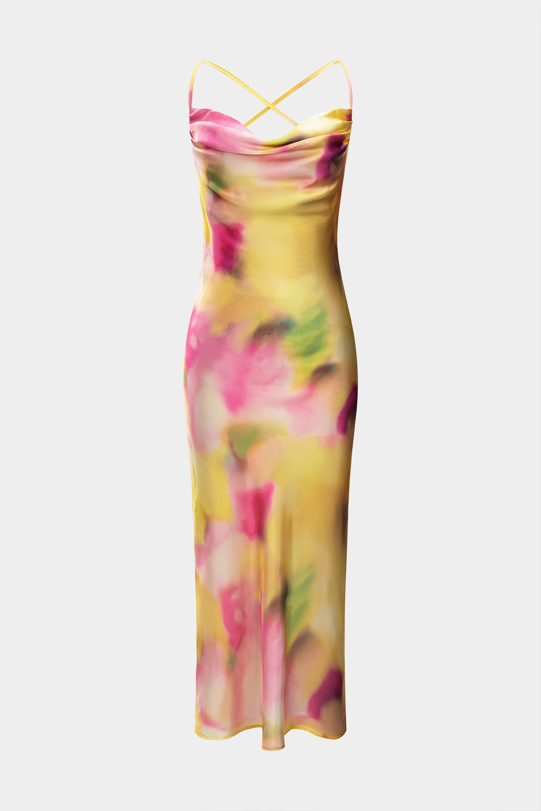 Aiertu  Satin Tie Dye Print Cowl Neck Tie-Up Backless Sleeveless Midi Dress Aiertu