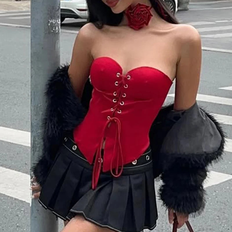 Aiertu  -  Sexy Women Red Corset Top Cross Lace-up Y2K Skinny Strapless Tops Fashion Ladies High Street Tanks Clubwear Summer Aiertu