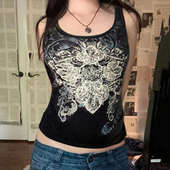 Aiertu  -  Dark style retro printed vest top round neck slim pullover sleeveless knitted top for women summer Aiertu