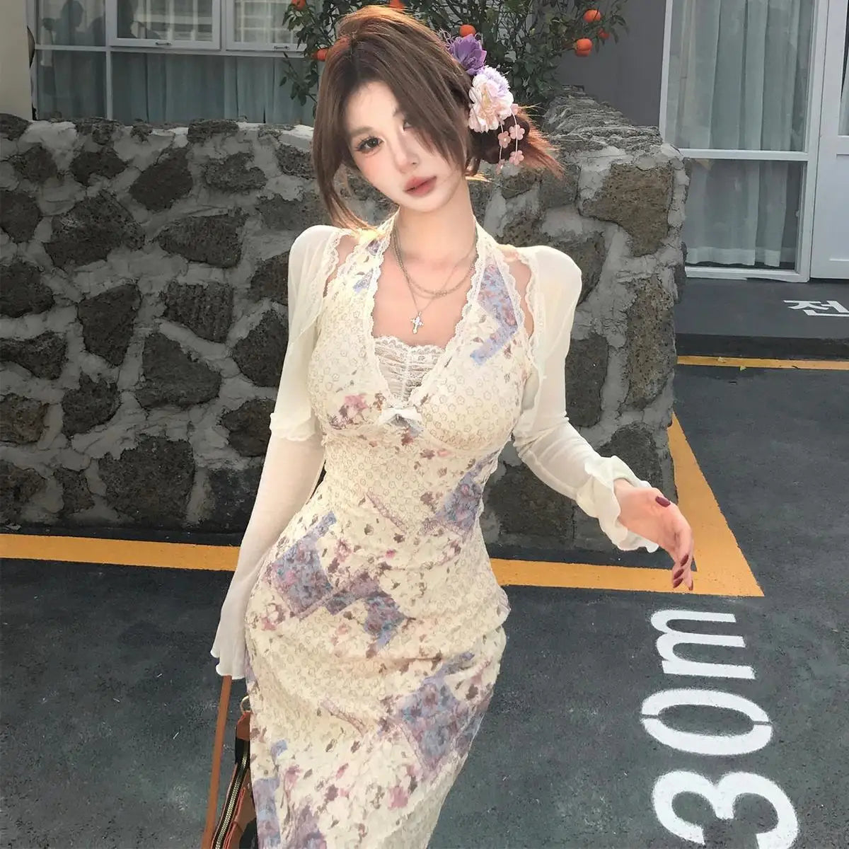 Aiertu  Sexy Two Pieces Set Sun Protection Crop Cardigan + High Waist Halter Print Backless Bandage Drees Femme Outfit Y2k Aesthetic Aiertu