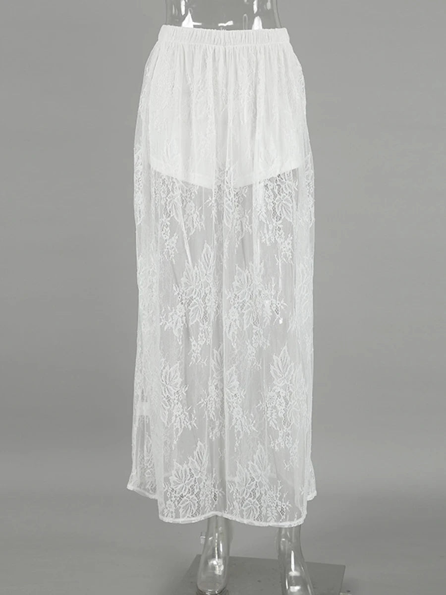 Aiertu  -  Lace Jacquard Transparent Long Skirt Women Elastic Waist White Hollow Out Sheer Midi Skirts Streetwear Sexy Elegant Faldas New Aiertu