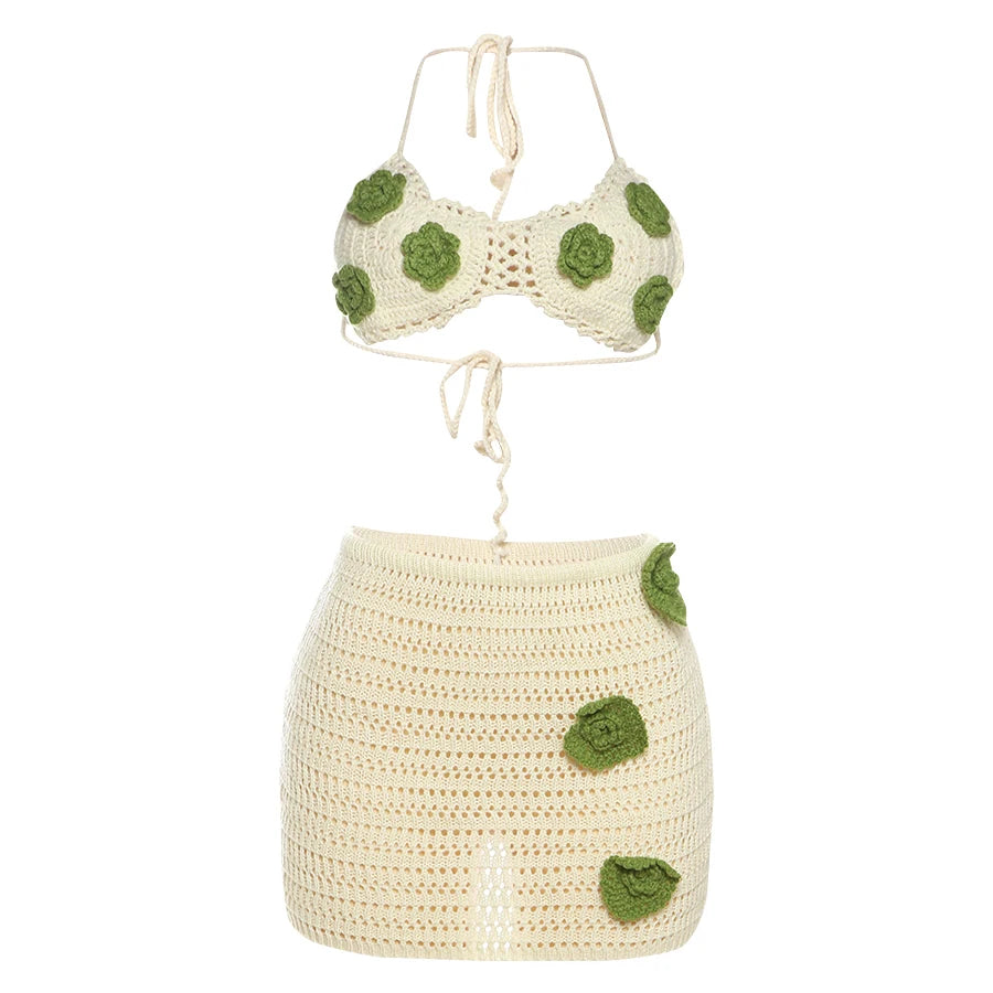 Aiertu  -  Sexy Crochet Applique 2 Piece Set Women Hollow See Through Halter Bra+Peach Hip Skirts Beach Vacation Matching Clubwear Aiertu