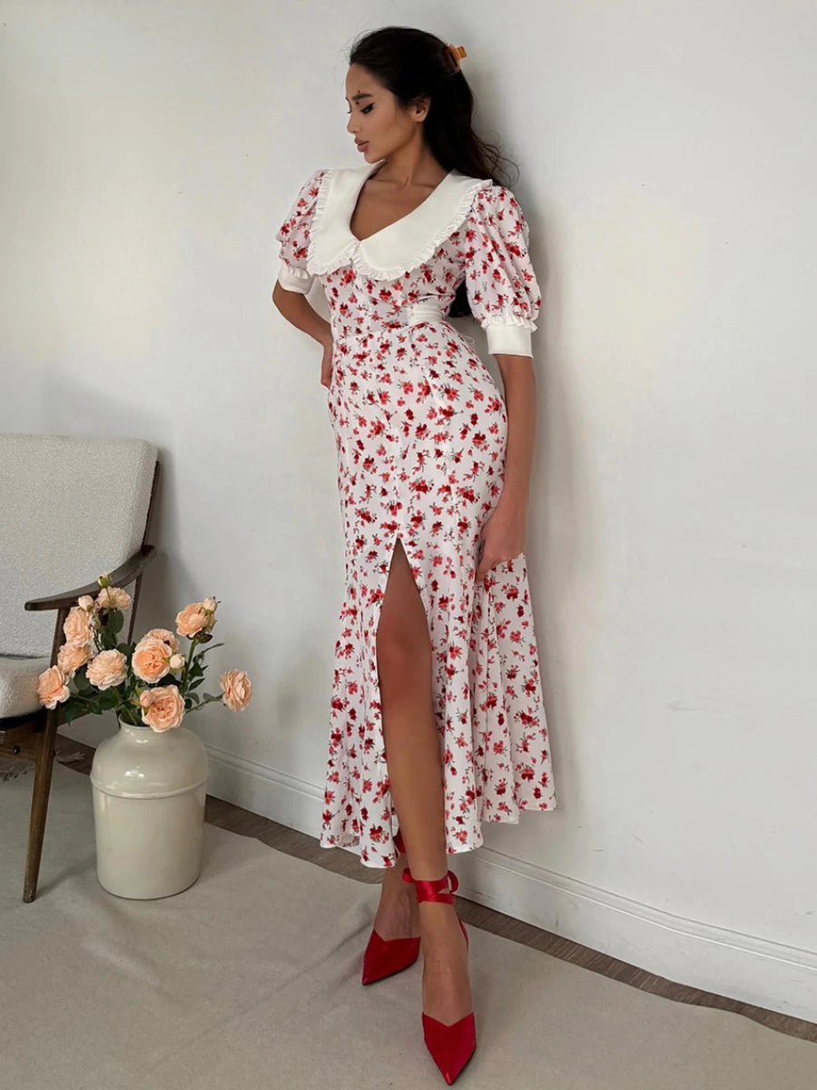 Aiertu  -  Fashion Slim Print Women's Dress Summer Lapel Short Sleeve Ankle Length Dresses Elegant High Waist Slit Female Dress Aiertu