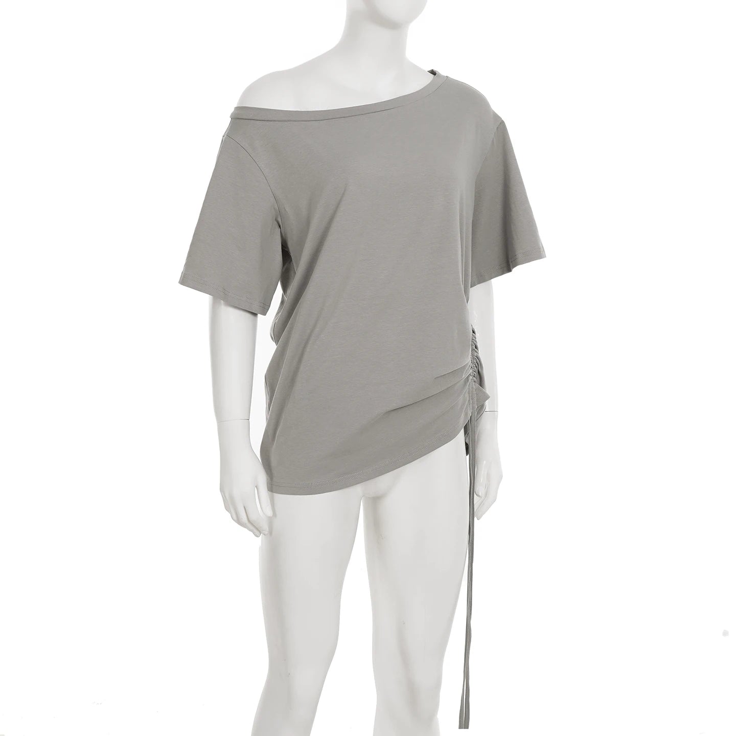 Aiertu  -  Solid Grey Loose Drawstring T-shirt Asymmetrical Off-shoulder Short Sleeve T Shirts Women Casual Summer Tees y2k Vintage Aiertu