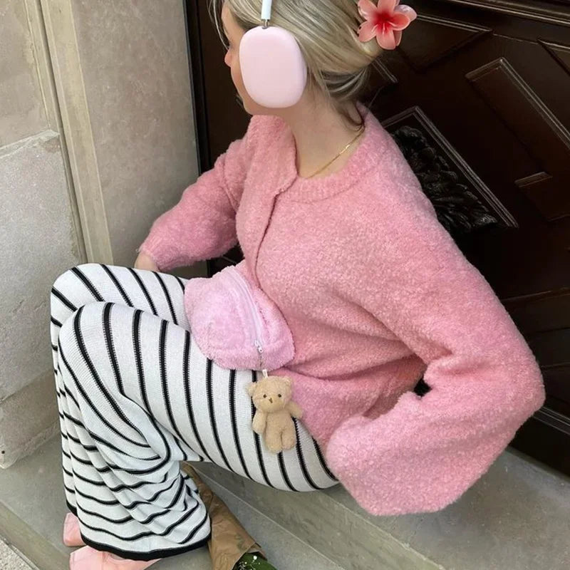 Aiertu  -  Casual Knit Single Breasted Cardigans Women O-neck Long Sleeve Fluffy Short Sweaters Cardigan 2026 Autumn New Lady Elegant Tops Aiertu