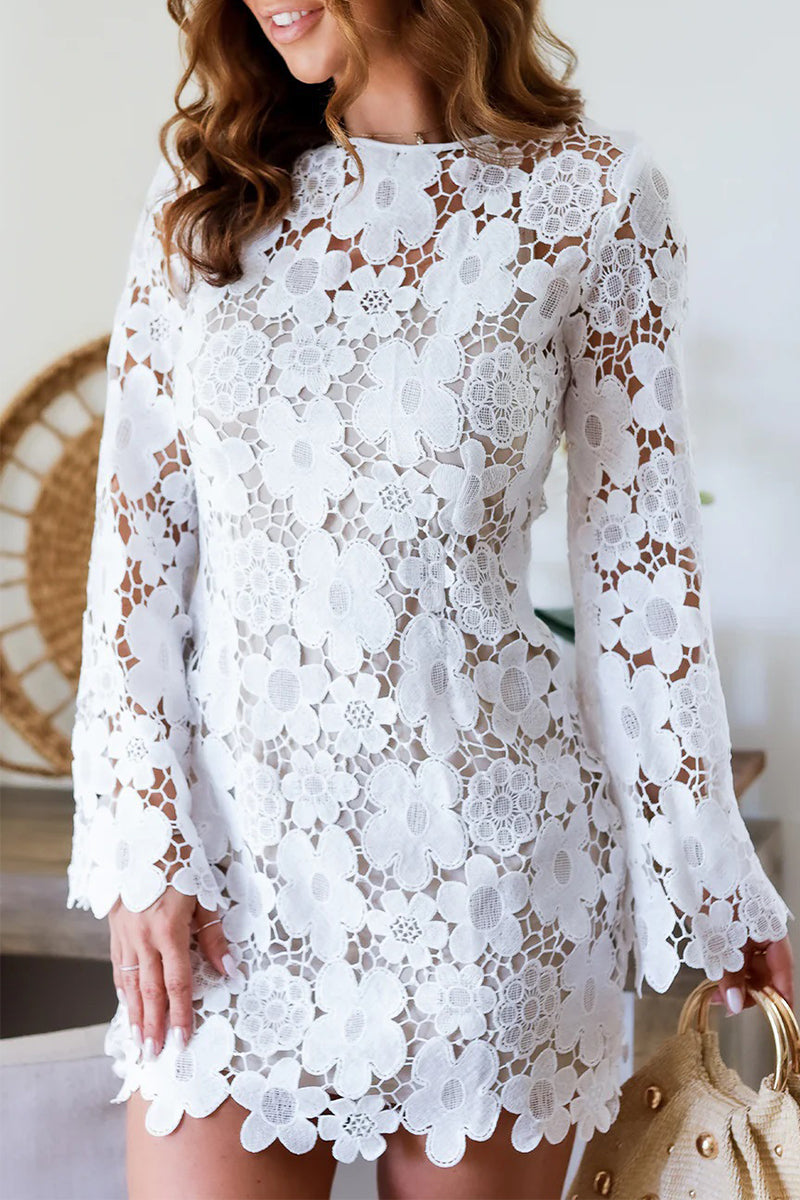 Aiertu  -  Sexy Hook Flower Hollow Out Backless Flowers O Neck Long Sleeve Dresses Aiertu
