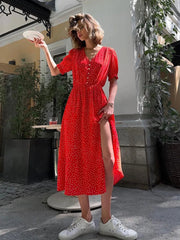 Aiertu      -  Polk Dot Red Midi Dress Women Summer New V Neck Short Sleeve Waist Cinched Split Dresses 2024 Elegant Casual Button Long Vestido Aiertu