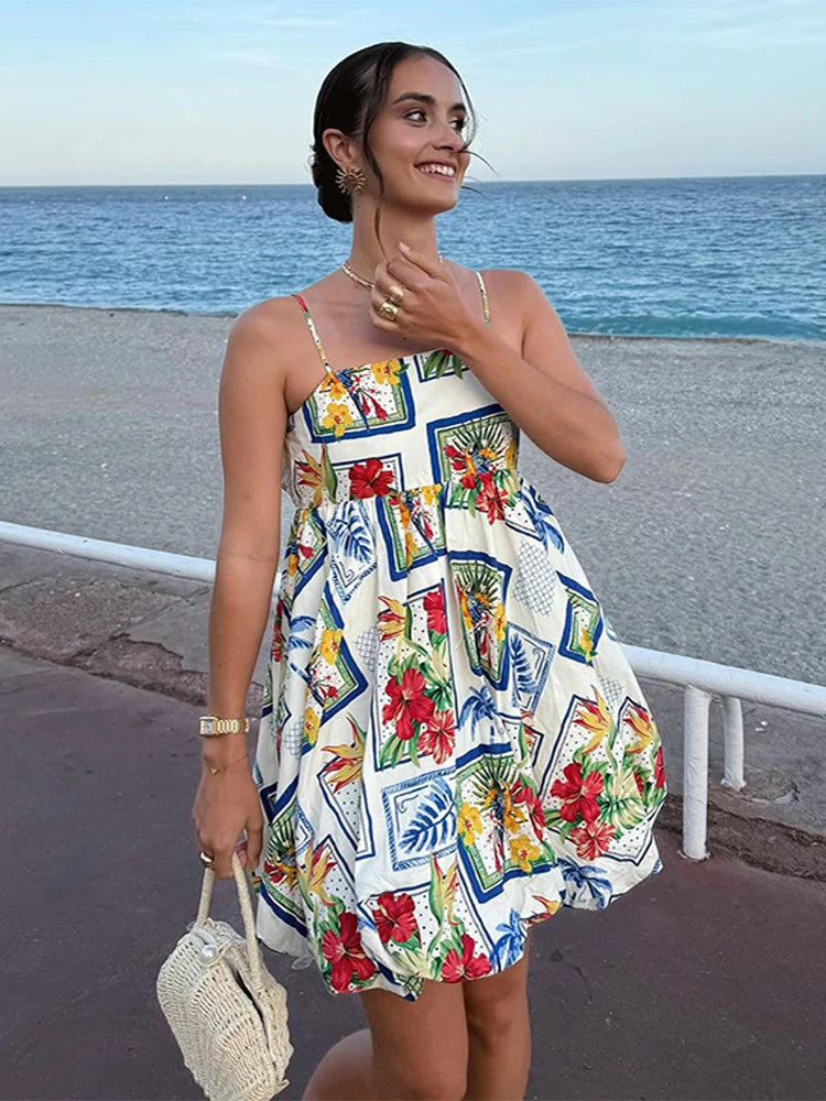 Aiertu  -  Strapless Slip Print Short Dress Pleated Fluffy Halter Flower Bud Women Dresses Fashion Seaside Vacation Beach Strap Dress New Aiertu