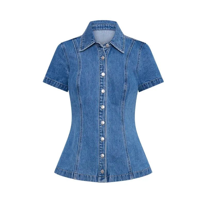 Aiertu  -  Solid Denim Women Skirt Suits Turn-down Collar Single Breasted Top High Waist Mini Skirts 2025 Summer New Fashion Female Sets Aiertu