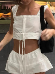 Aiertu  -  Solid Spliced Lace Up Two Piece Set for Women Square Neck Sleeveless Top High Waist Skirt Female Fashion Aiertu