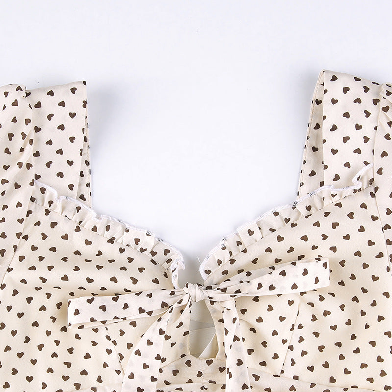 Aiertu - Tie Strap Heart Puff Sleeve Mini Dress Aiertu