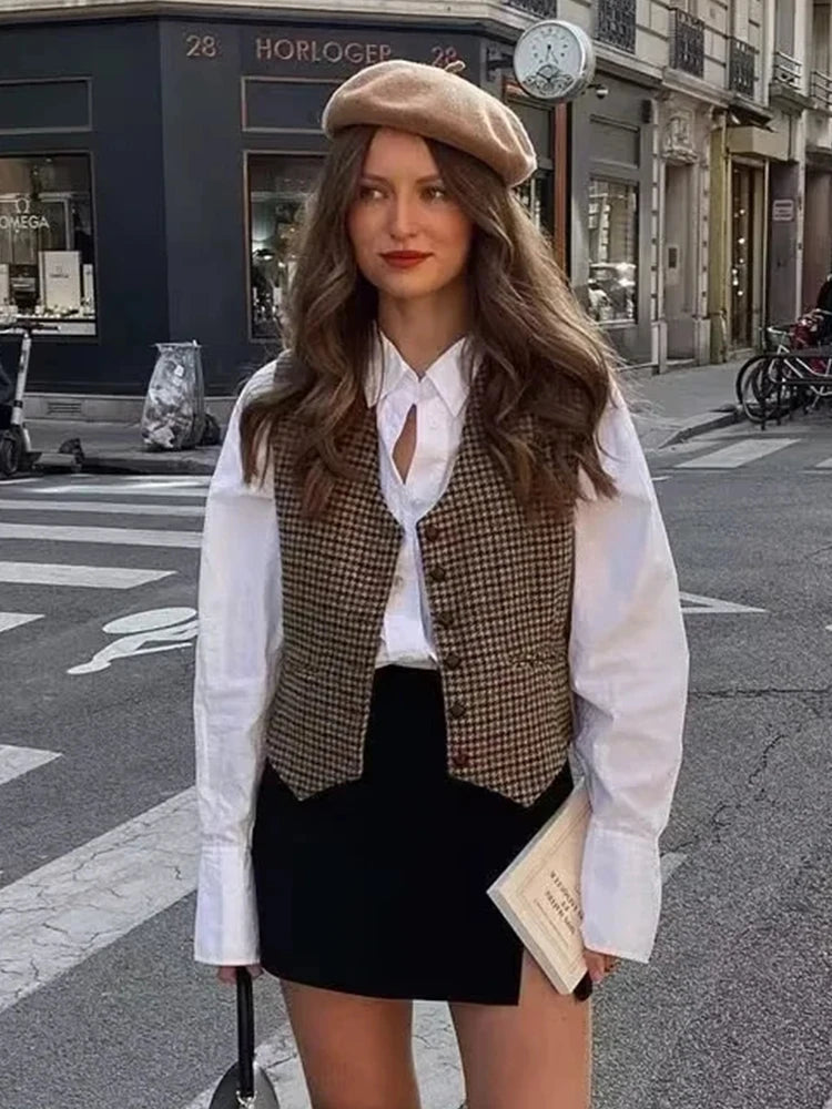 Aiertu  -   Sleeveless Single Button Houndstooth Vintage Vest for Women Autumn Spring Short V Neck Pockets Vest Waistcoat 2026 Aiertu