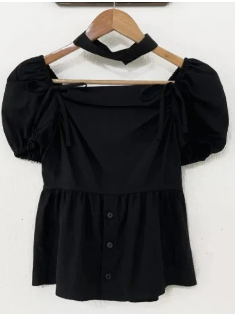 Aiertu  -  Summer Sweet Square Collar Women's Pullover Chiffon Shirt Fashion Folded Lace Bow Versatile Female Slim Fit Fluffy Sleeve Shirt Aiertu