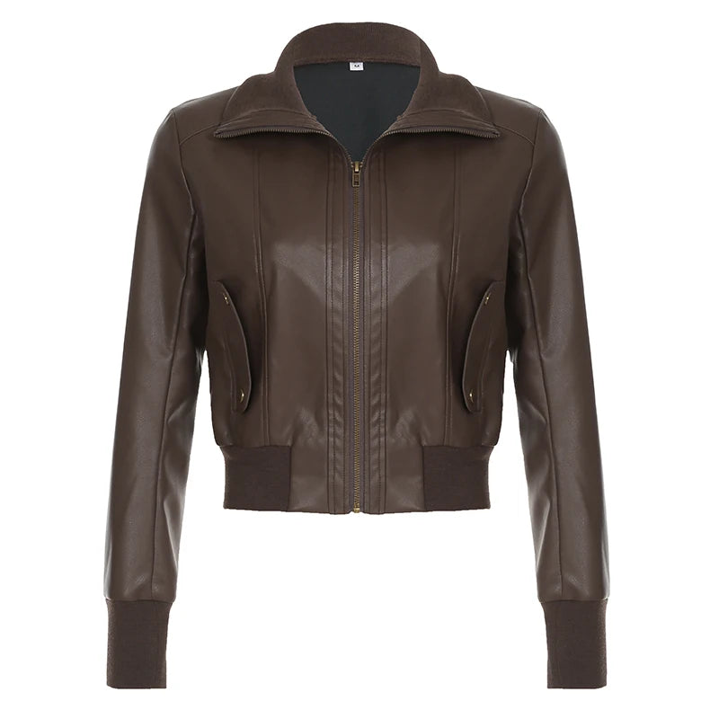 Aiertu  -  cold weather outfits Faux Leather Women Brown Jacket Vintage Fashion Autumn Streetwear Zipper Coat Casual Y2K Motorcycle Style Outwear Aiertu