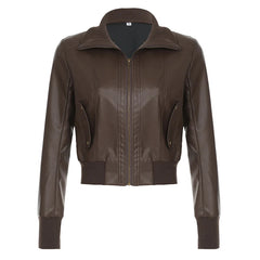 Aiertu  -  cold weather outfits Faux Leather Women Brown Jacket Vintage Fashion Autumn Streetwear Zipper Coat Casual Y2K Motorcycle Style Outwear Aiertu