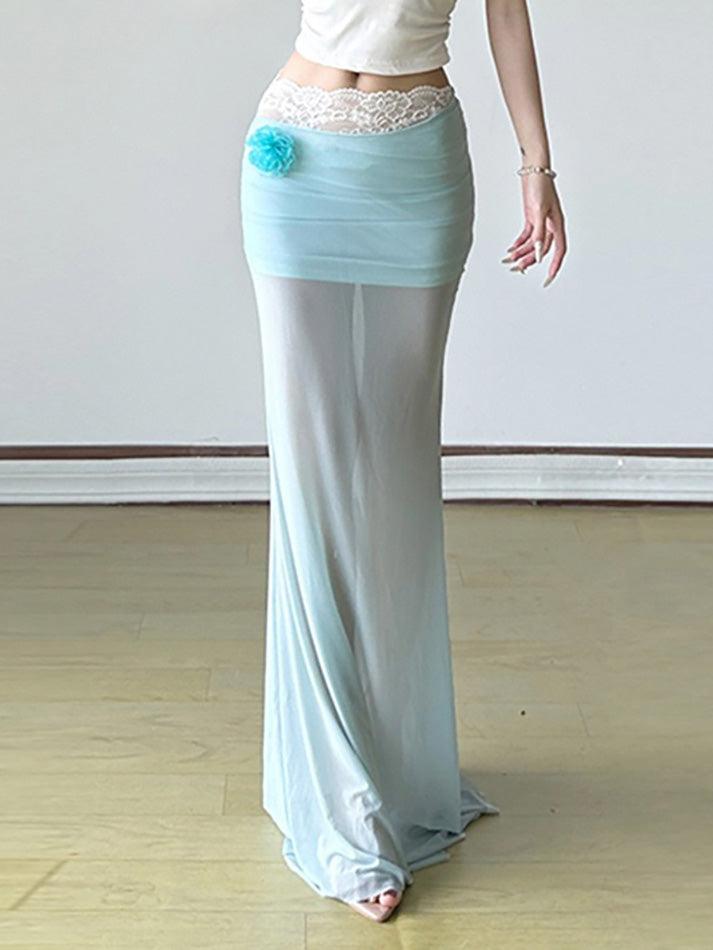 Aiertu  -3D Floral Ruched Mesh Low-Waist Maxi Skirt aiertu