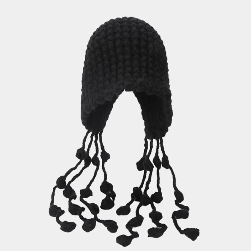 Aiertu  -  Winter Handmade Beanies for Women Fashion Tassel Thickened Warm Knitted Pullover Hat Outdoor Ear Protection Strap Woolen Bonnets Aiertu