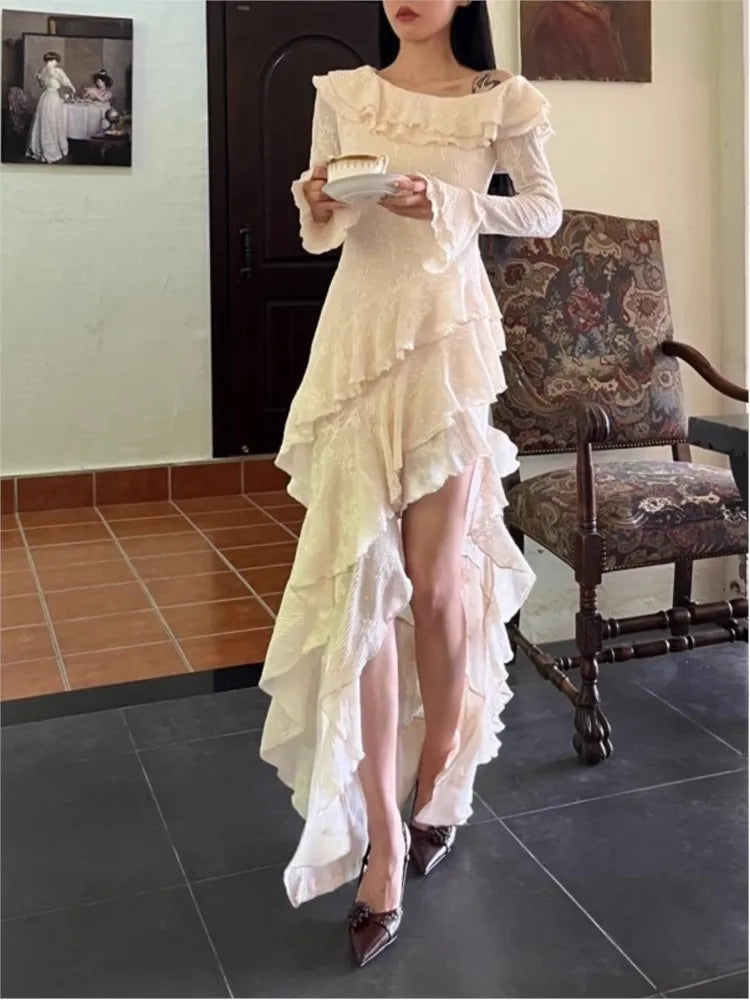 Aiertu  -  Y2K Sexy Solid Jacquard Party Dress for Women Layered Ruffles Slim Irregular Dresses Autumn Prom Robe Wedding Vestidos Mujer New Aiertu