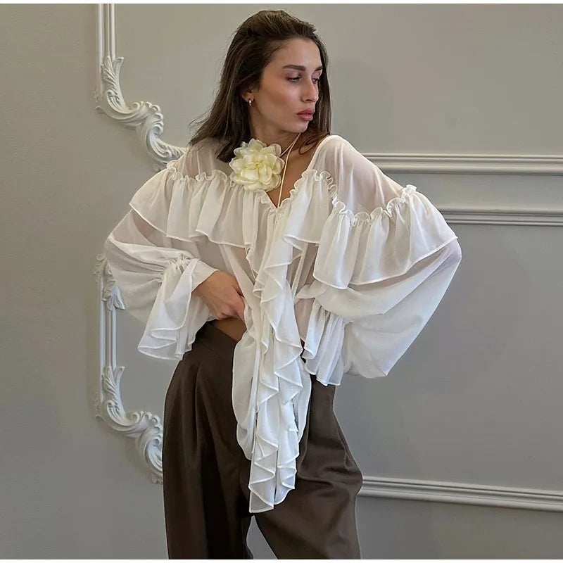 Aiertu  -  Fashion Women's Ruffle Shirts Loose V-neck Long Lantern Sleeve Female Blouses 2025 Spring Summer Lady Sexy See Through Shirt New Aiertu