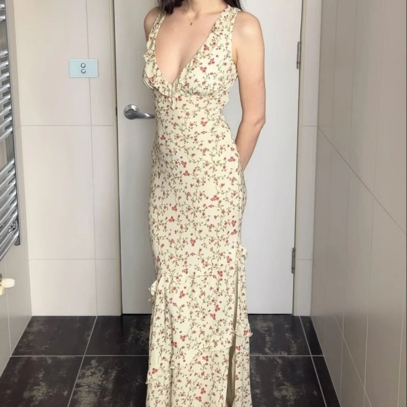 Aiertu  Floral Print Sexy V Neck Ruffles Elegant Bodycon Maxi Dresses Spring Fashion Holiday Streetwear Party Women Vestidos Aiertu